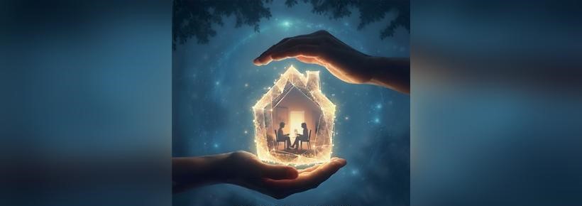 trauma healing and therapy graphic featuring protective hands holding glowing house with two people in a session. text: overcome past trauma, build secure relationships, discover your inner strenght